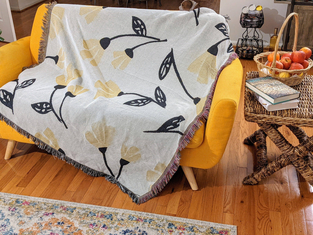 Yellow Fleur Botanical Sunshine Golden Floral Woven Tapestry Throw Blanket - 50” x 60” (18112)