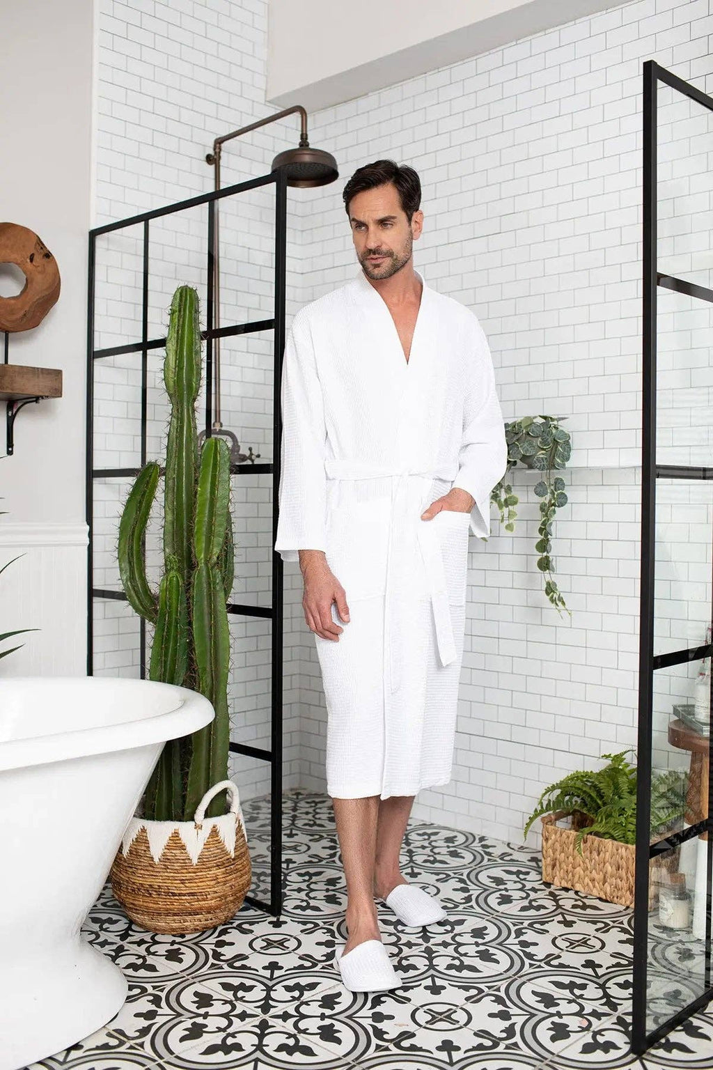 Waffle Kimono Spa Bathrobe for Men -  Absorbent, Lightweight