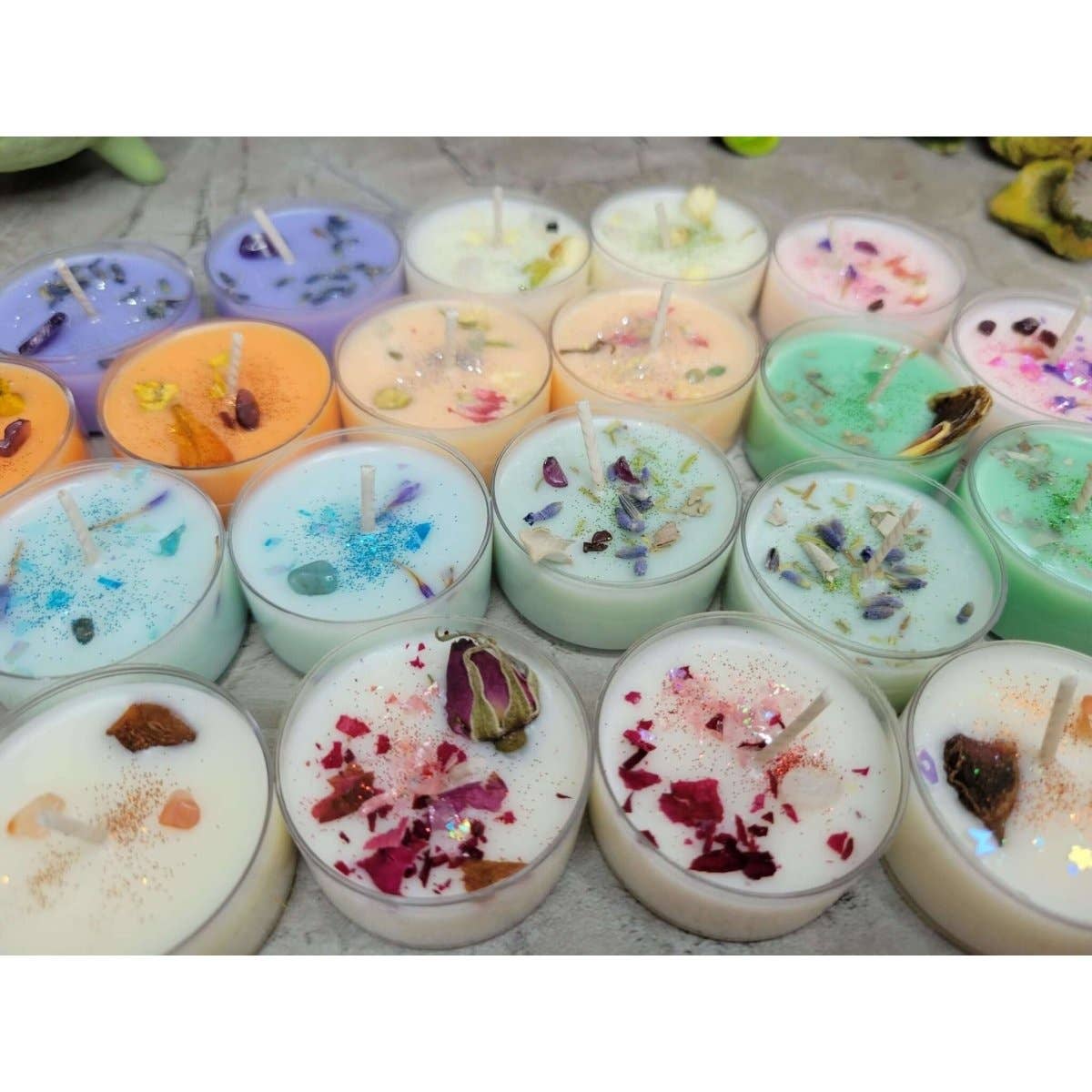 Soy Tea Light Candles with Herbs and Crystals