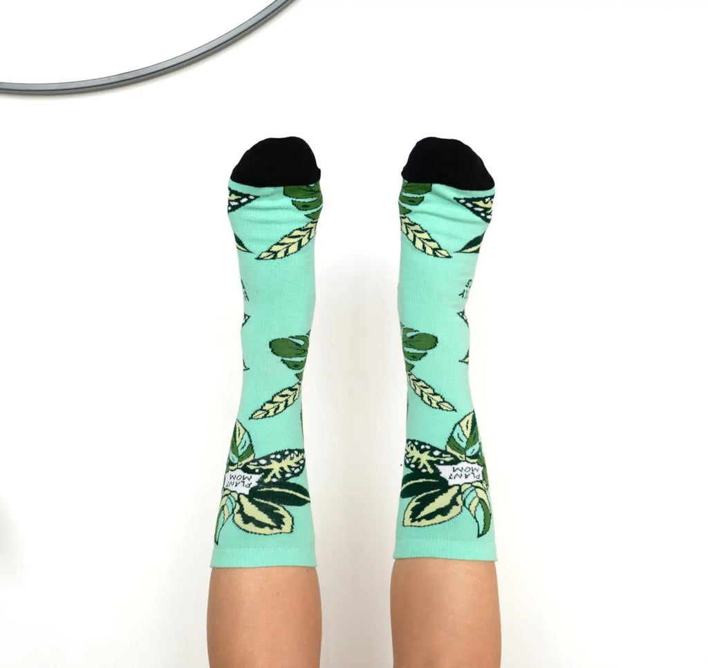 Teal Plant Mom Cotton Crew Socks, Plant Lover