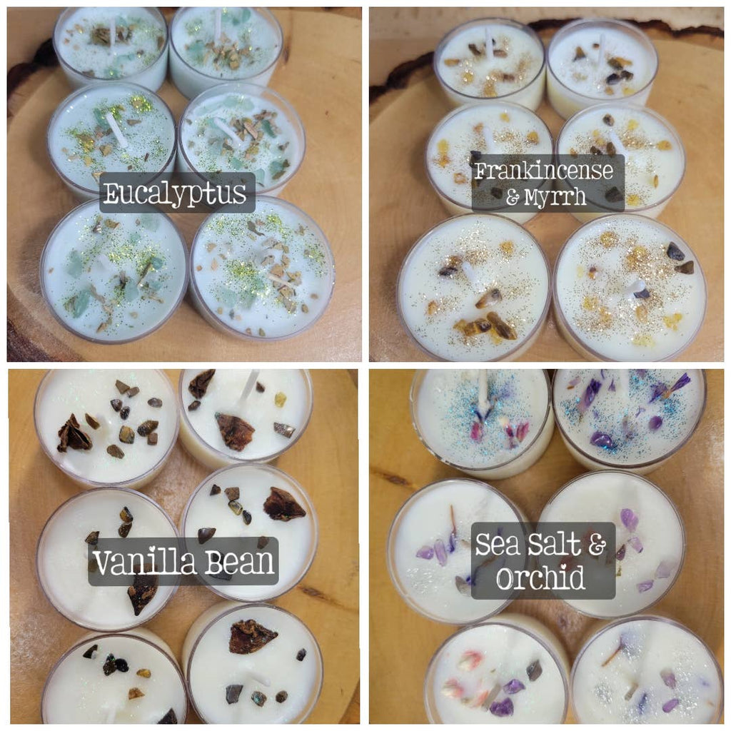 Soy Tea Light Candles with Herbs and Crystals