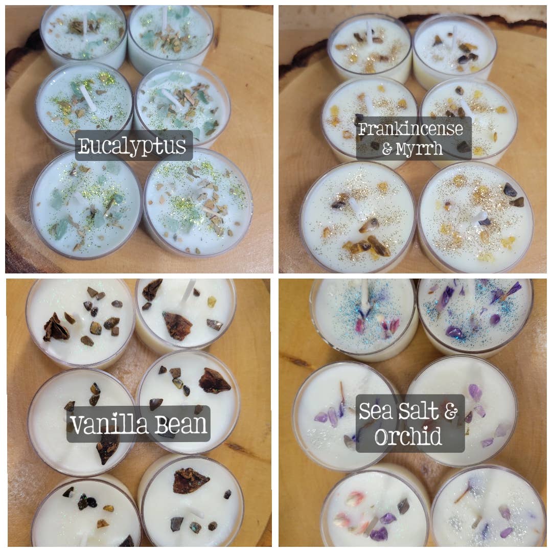 Soy Tea Light Candles with Herbs and Crystals