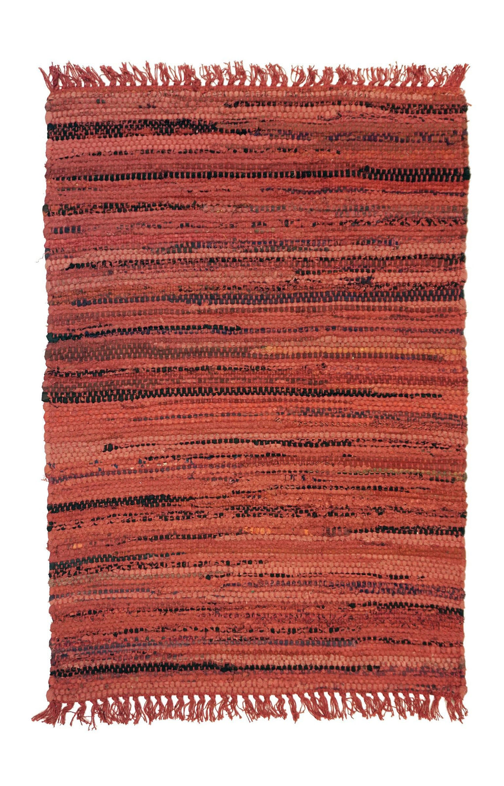 Textured red and black area rug with fringes on a plain background
