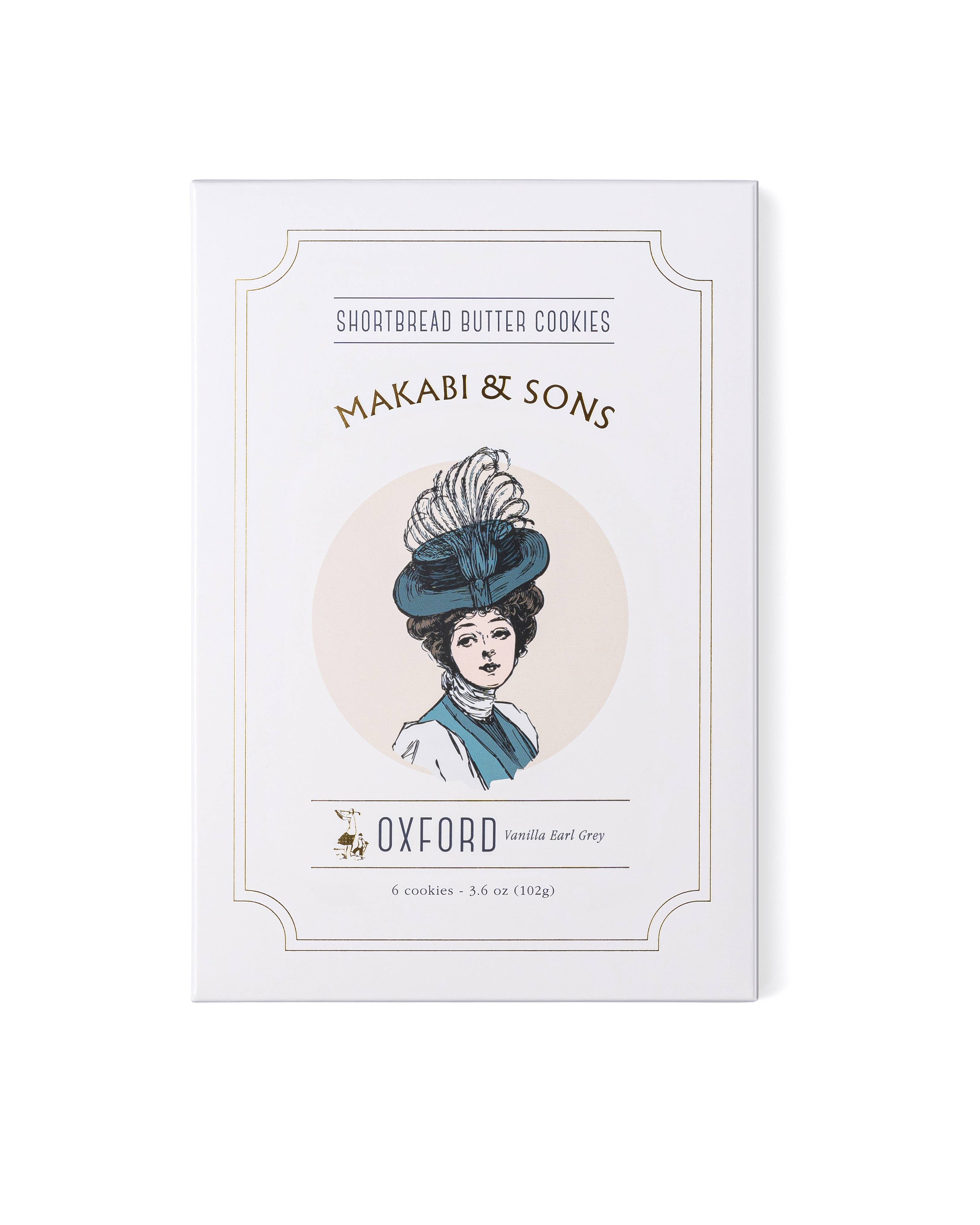 Packaging of Makabi & Sons shortbread butter cookies with a vintage illustration of a woman wearing a hat.