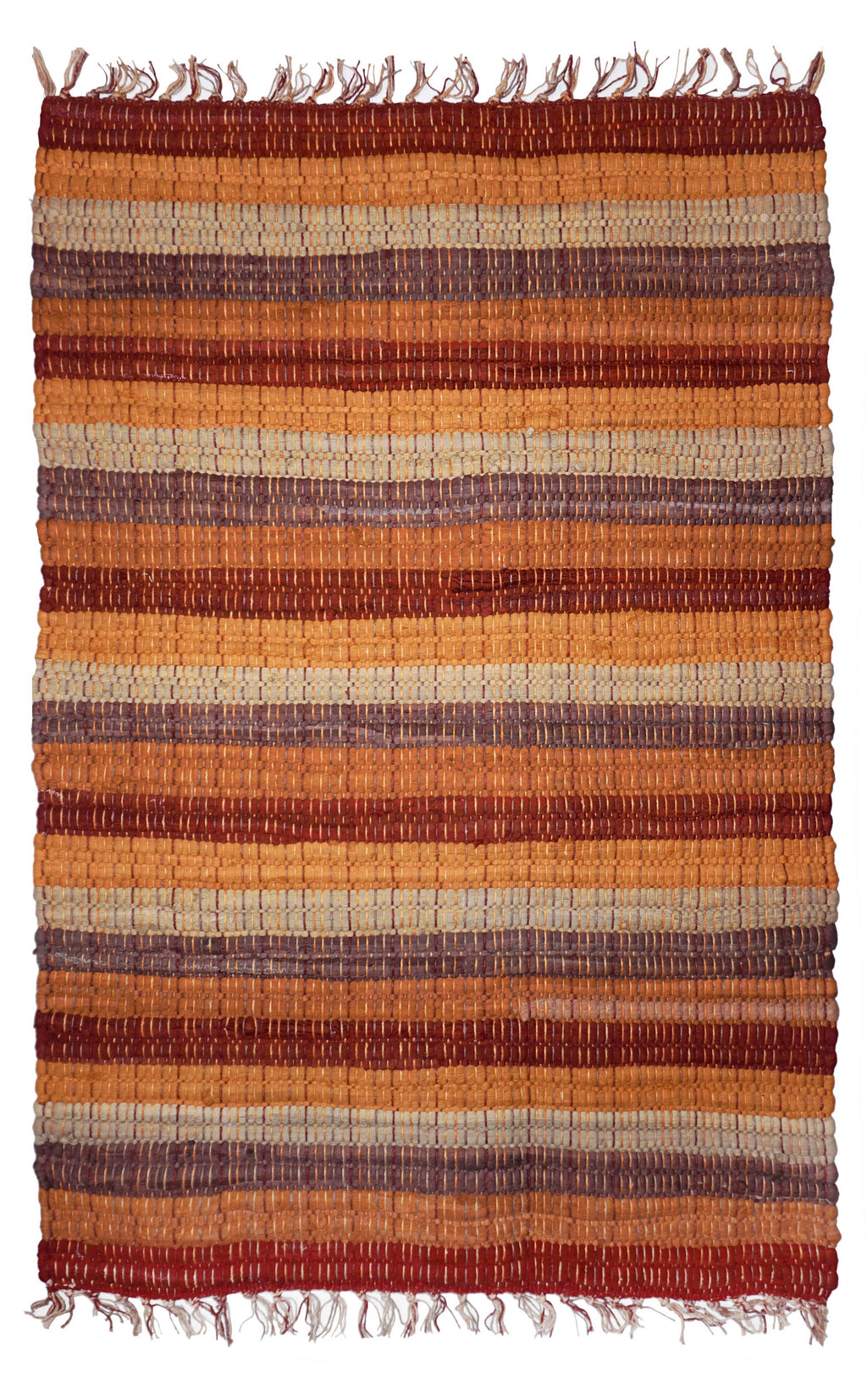 Striped orange and brown rug with fringe on a white background