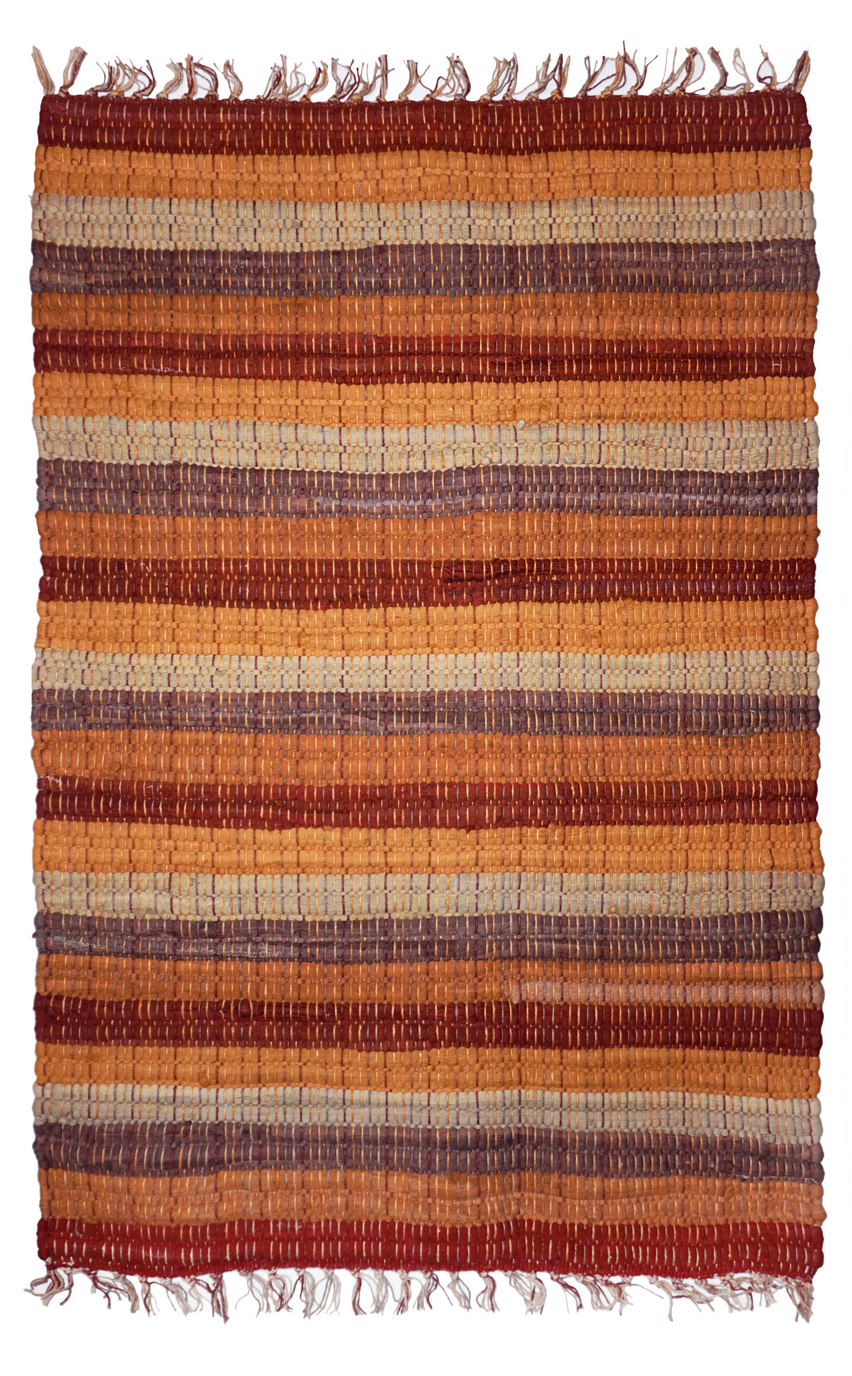 Striped orange and brown rug with fringe on a white background