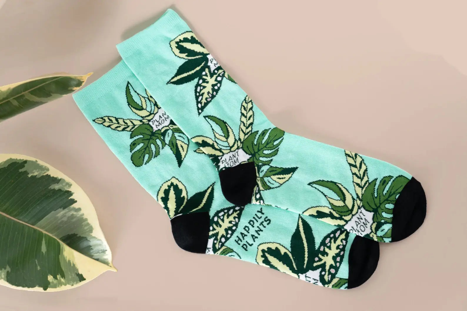 Teal Plant Mom Cotton Crew Socks, Plant Lover