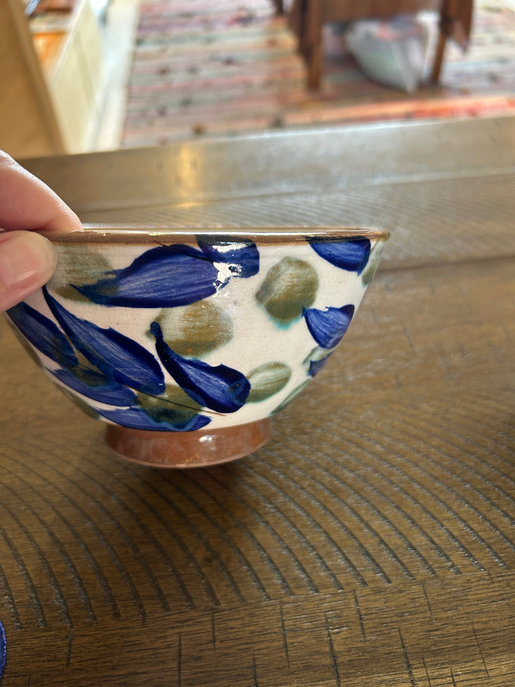 Pottery Bowl - Blue & Olive Leaves