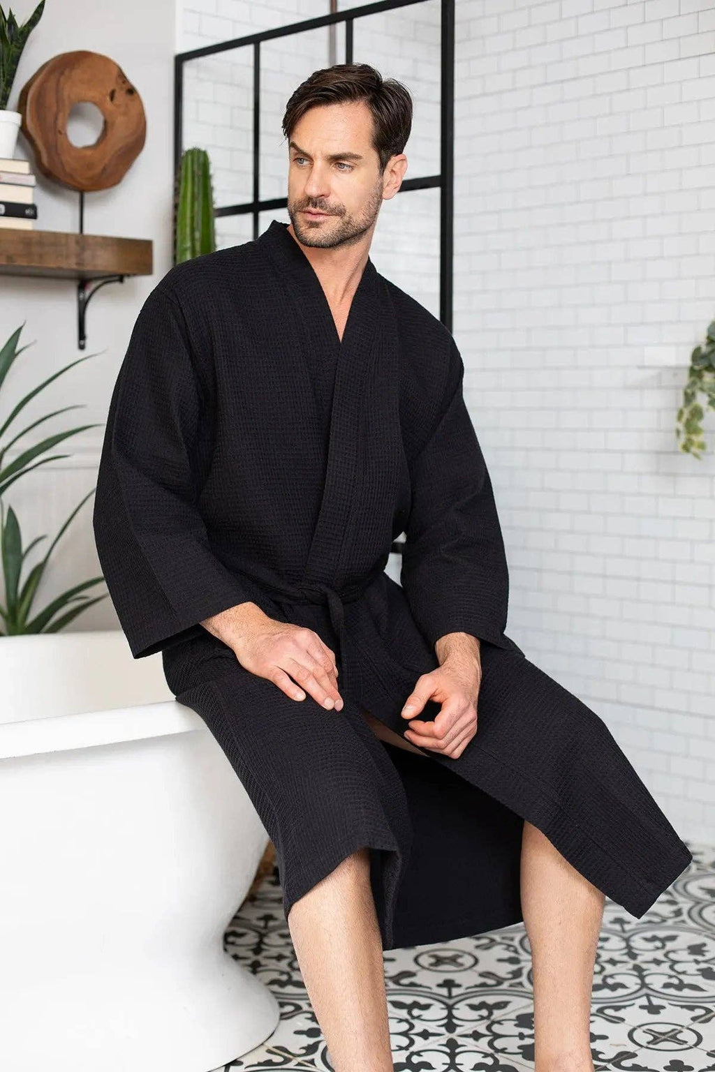 Waffle Kimono Spa Bathrobe for Men -  Absorbent, Lightweight