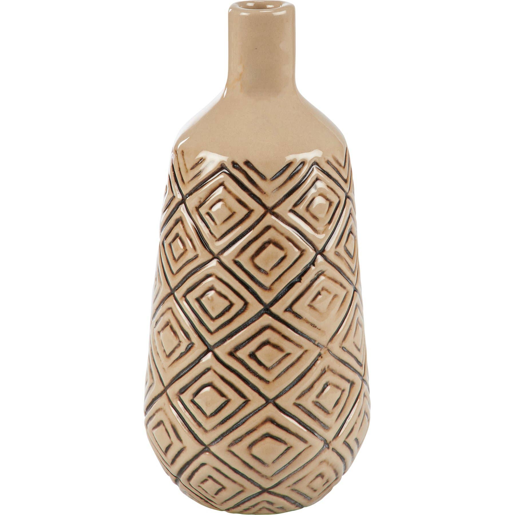 Beige ceramic vase with geometric pattern on a white background