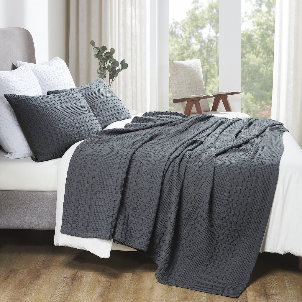 VHC Brands Dark Grey Waffle Weave Queen Blanket 90x90 - 100% Cotton, Lightweight Cover for Bed & Sofa