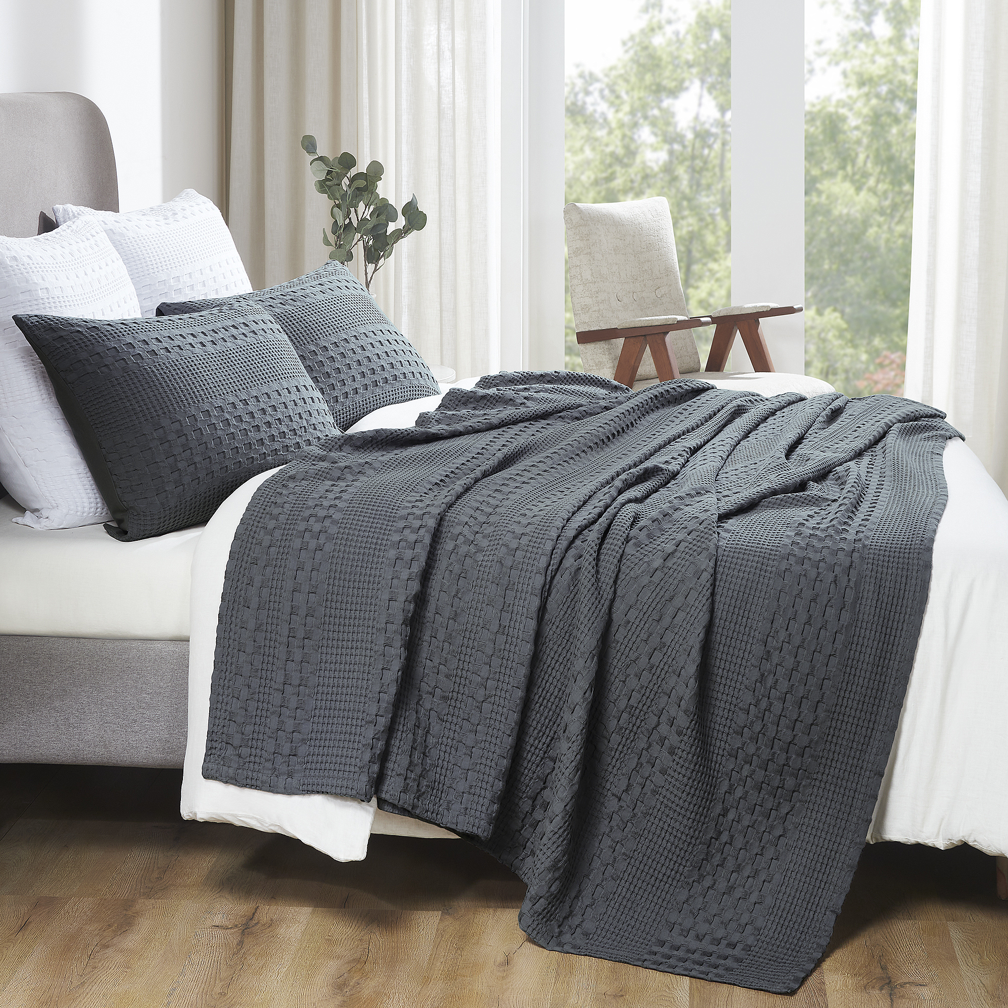 VHC Brands Dark Grey Waffle Weave Queen Blanket 90x90 - 100% Cotton, Lightweight Cover for Bed & Sofa