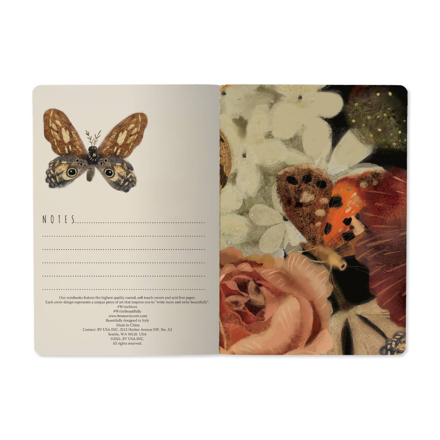 Notebook with butterfly and floral design on a white background