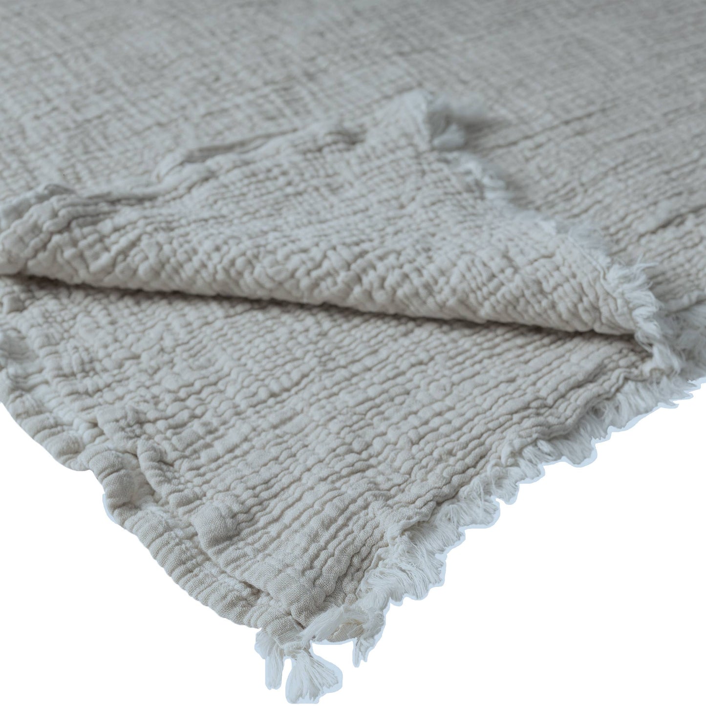 Sandy Turkish Crinkled Cotton Throw Blanket with Fringe