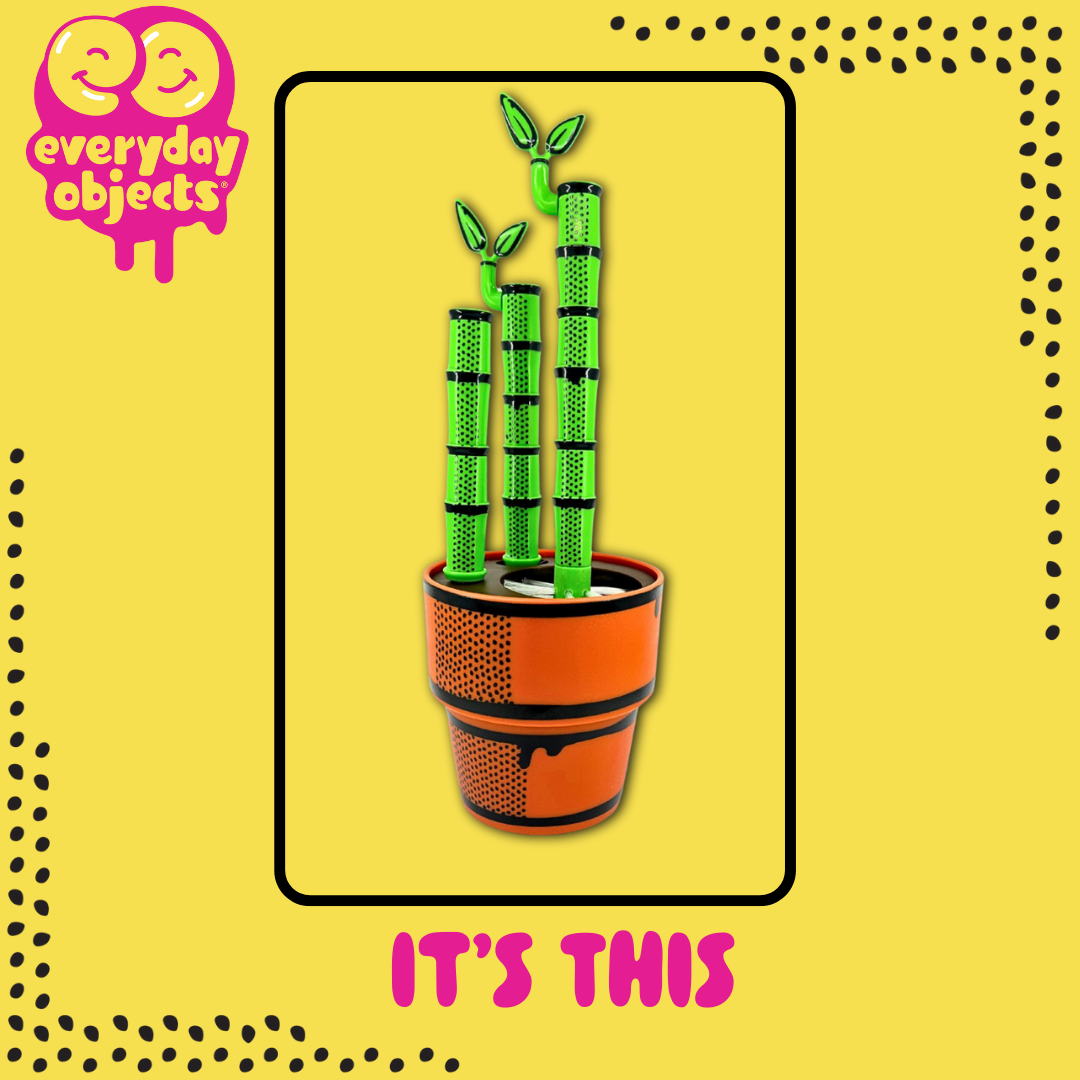 Potted plant look of green bottle brushes and leaves on a yellow background, featuring 'everyday objects' logo.