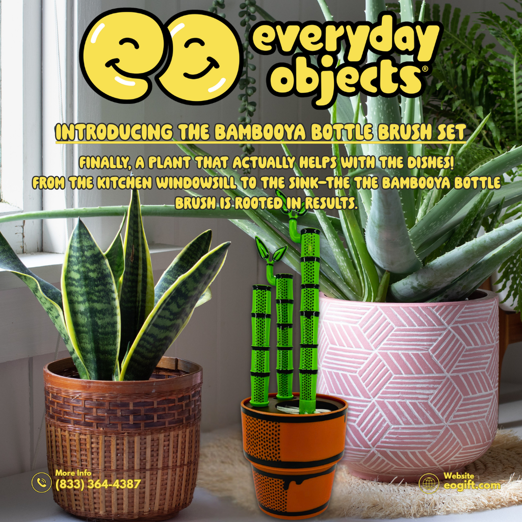 Advertisement for Bambooya bottle brush set with potted plants and 'everyday objects' branding.