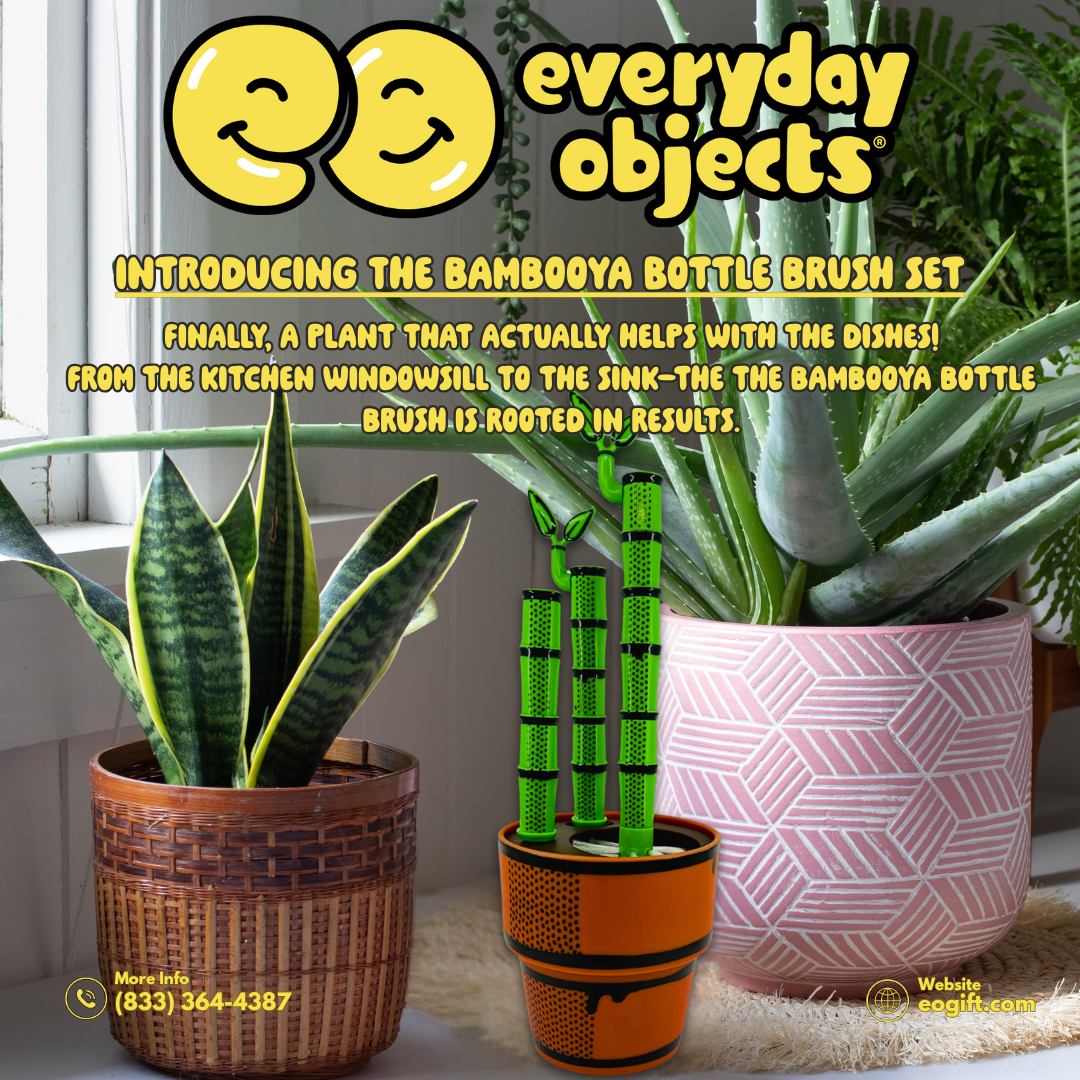 Advertisement for Bambooya bottle brush set with potted plants and 'everyday objects' branding.