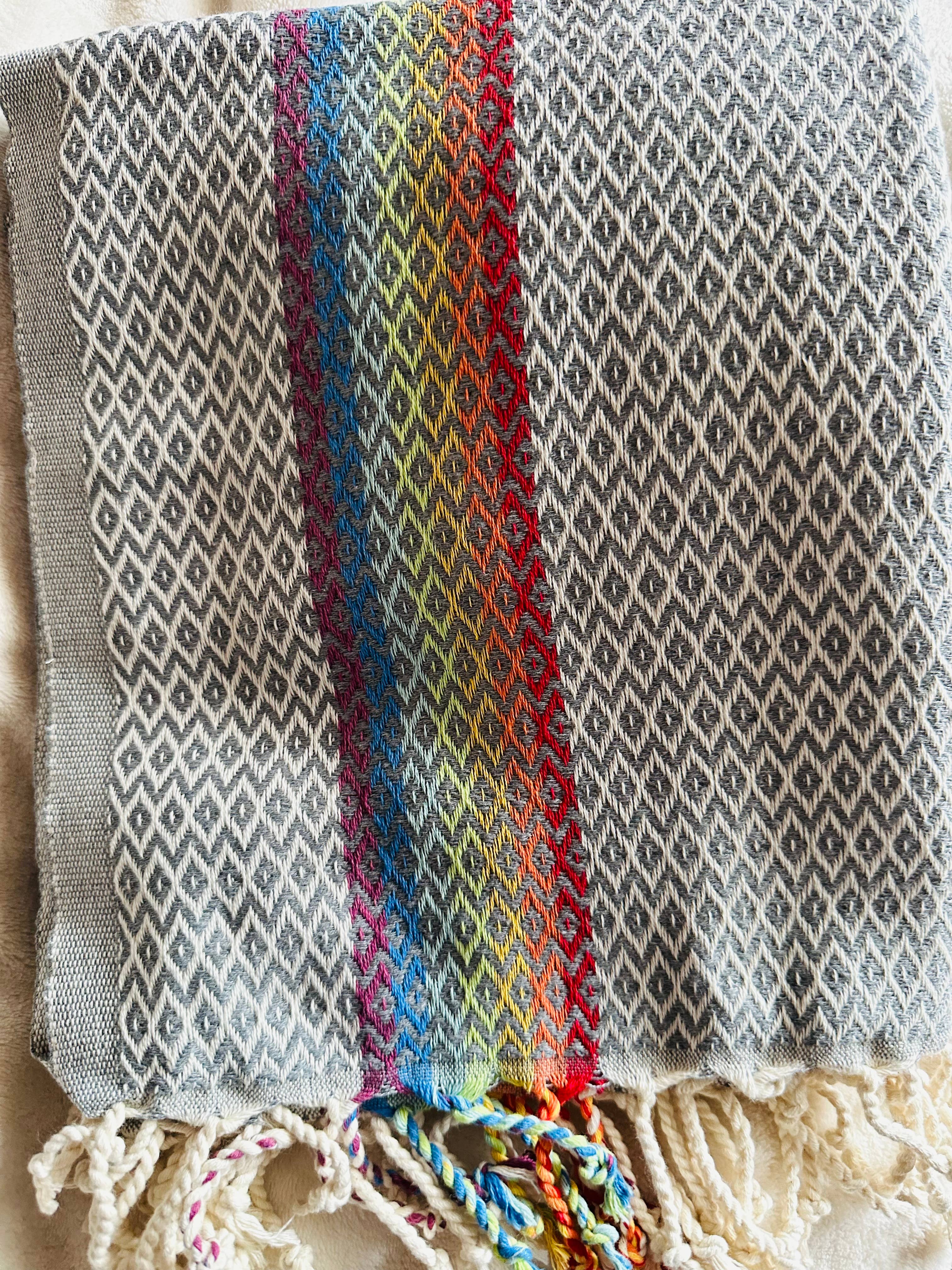 Rainbow patterned oversized throw, Shawl. Gray Background