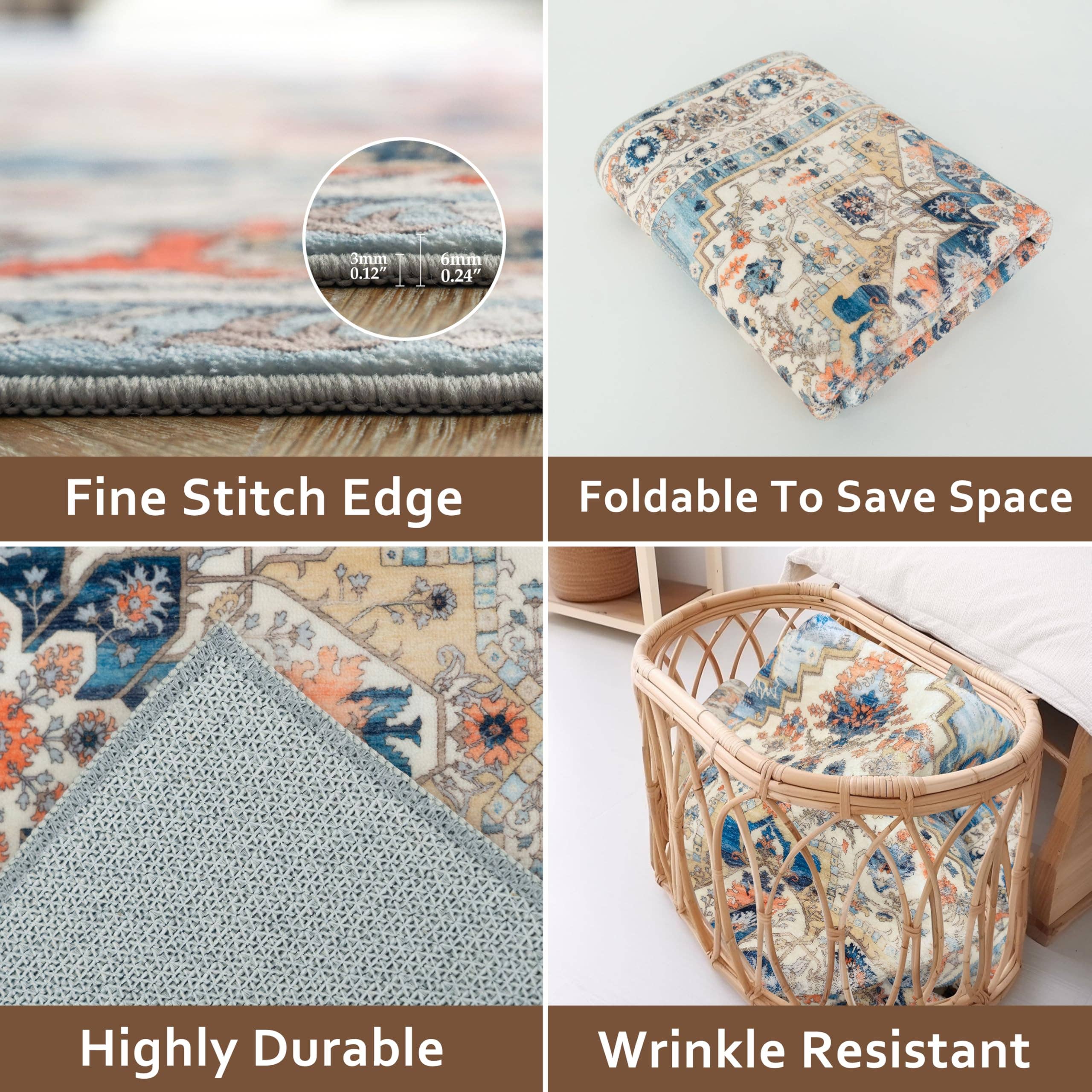 Area Rug Washable Non Slip Rubber Backing Boho Foldable Rugs
