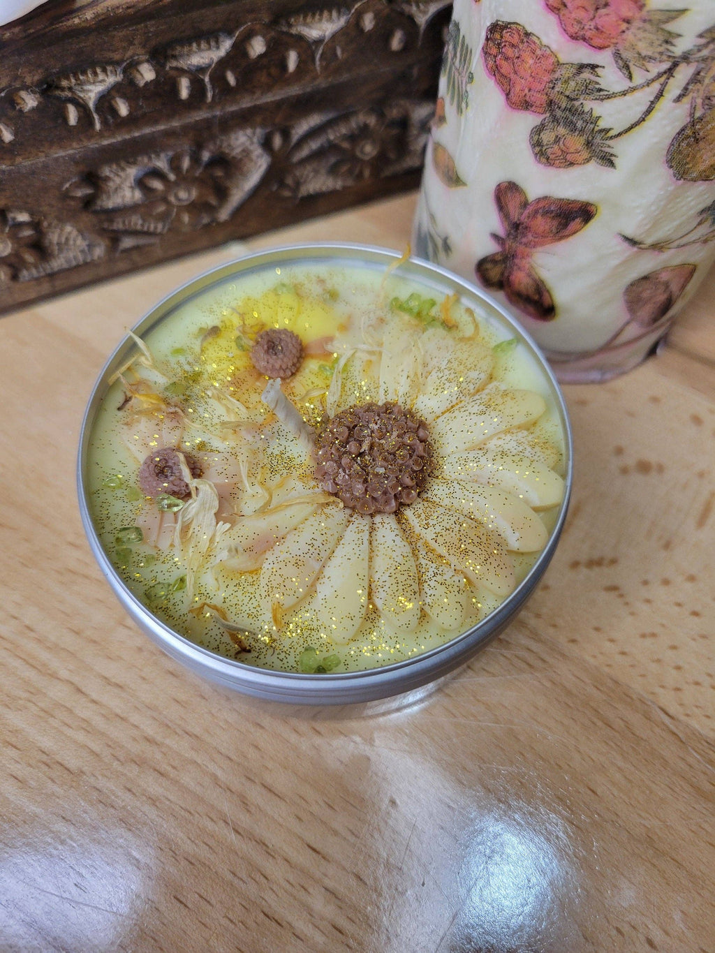 Sunflower Wax Candle with Crystals and Flowers, Soy Sunflower Candle Gift for Her Soy Candles