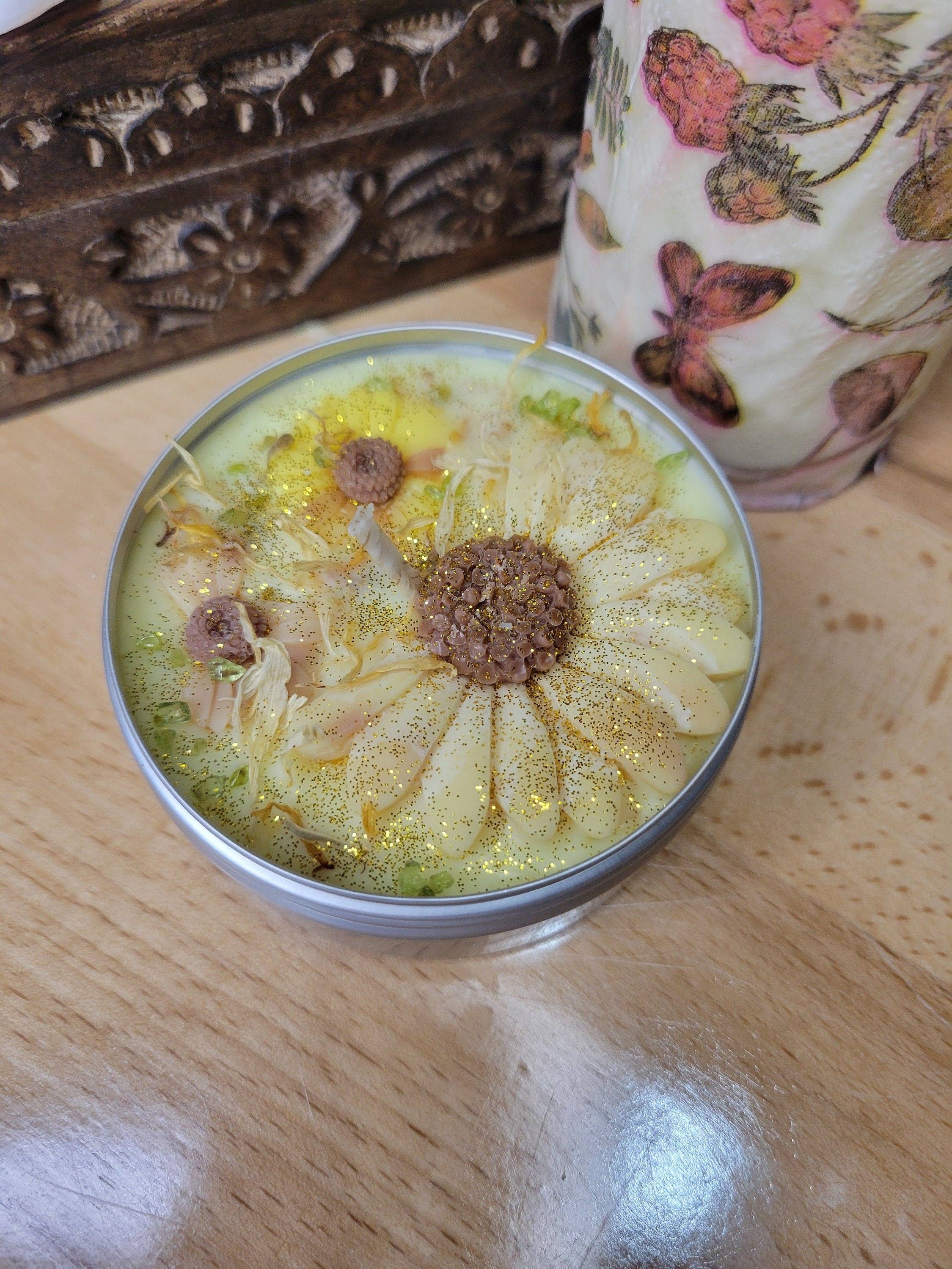 Sunflower Wax Candle with Crystals and Flowers, Soy Sunflower Candle Gift for Her Soy Candles