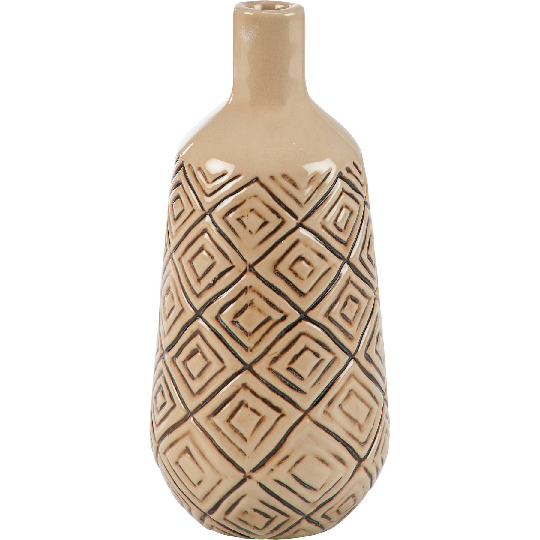 Beige ceramic vase with geometric pattern on a white background
