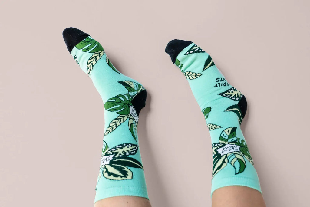 Teal Plant Mom Cotton Crew Socks, Plant Lover
