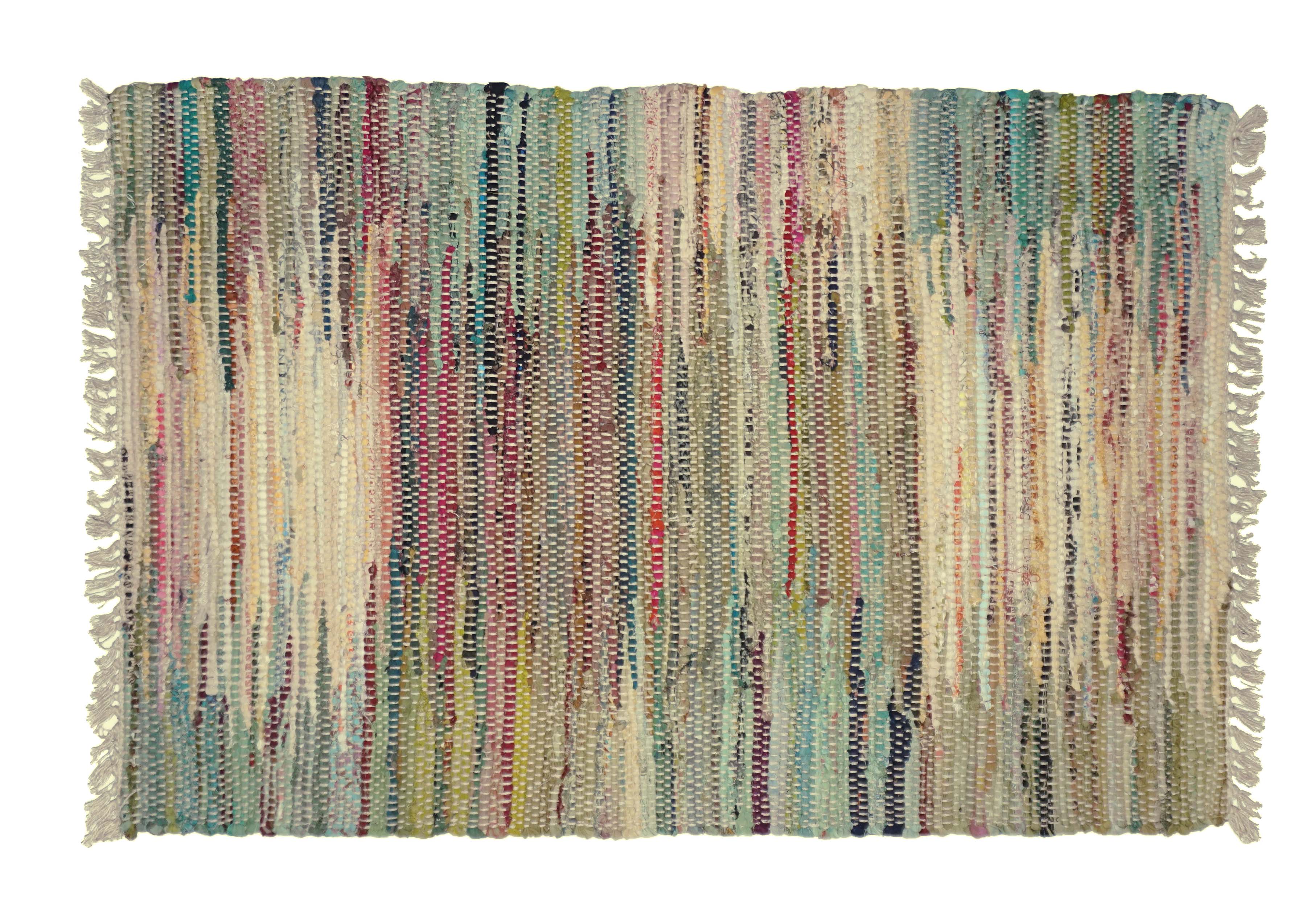 Multicolored woven rug with fringes on a white background