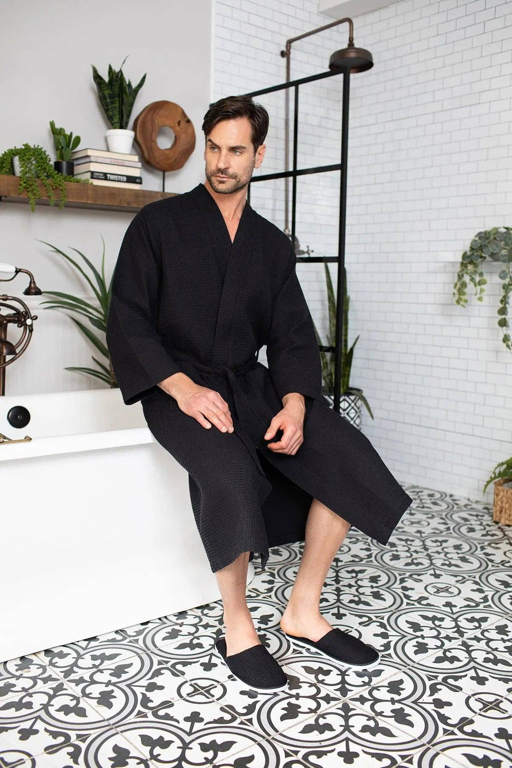 Waffle Kimono Spa Bathrobe for Men -  Absorbent, Lightweight