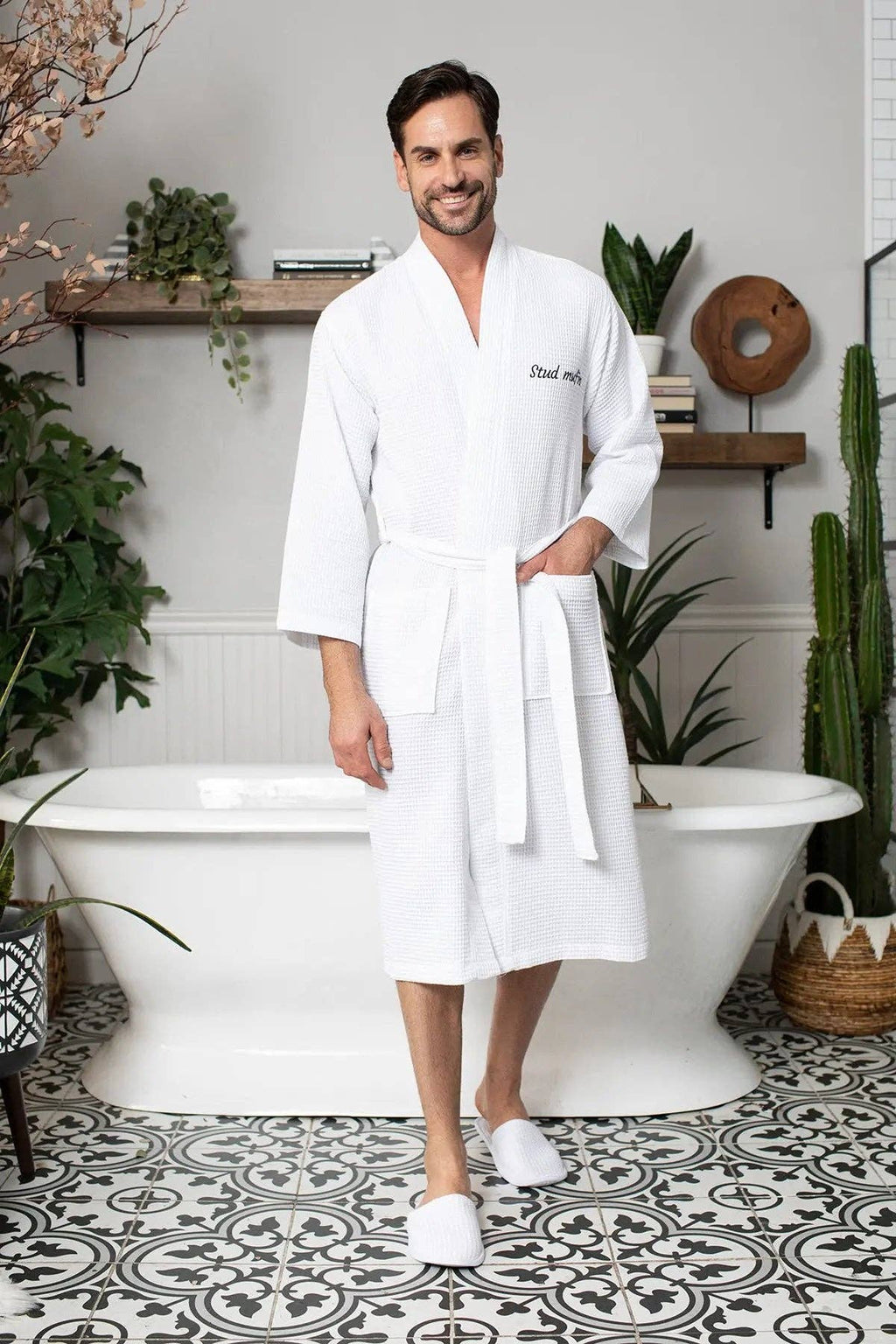 Waffle Kimono Spa Bathrobe for Men -  Absorbent, Lightweight