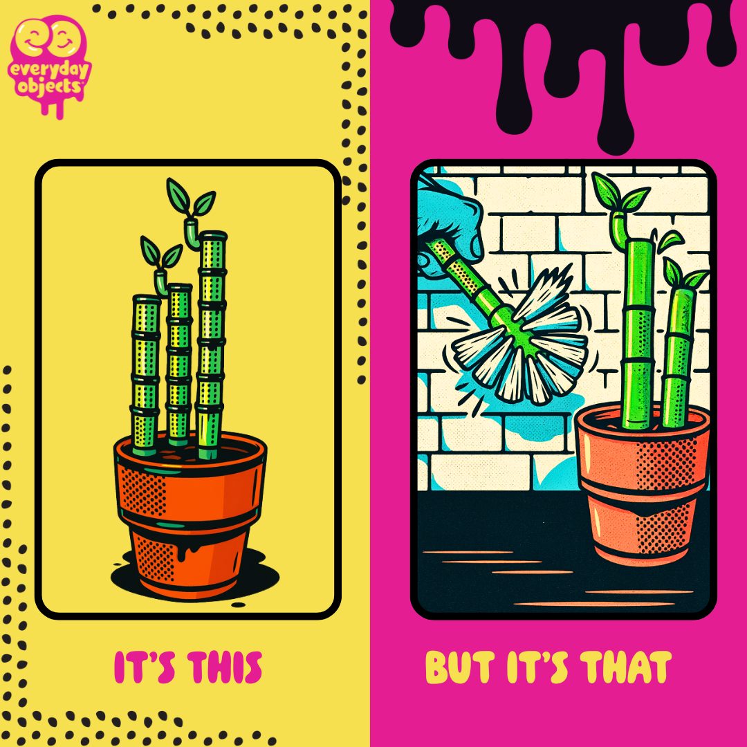 Illustration of a potted plant  looking bottle brushes with text 'It's this but it's that' on a colorful background.