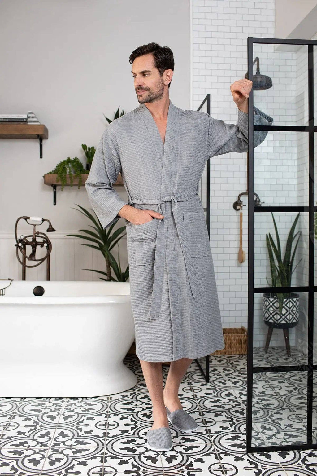 Waffle Kimono Spa Bathrobe for Men -  Absorbent, Lightweight