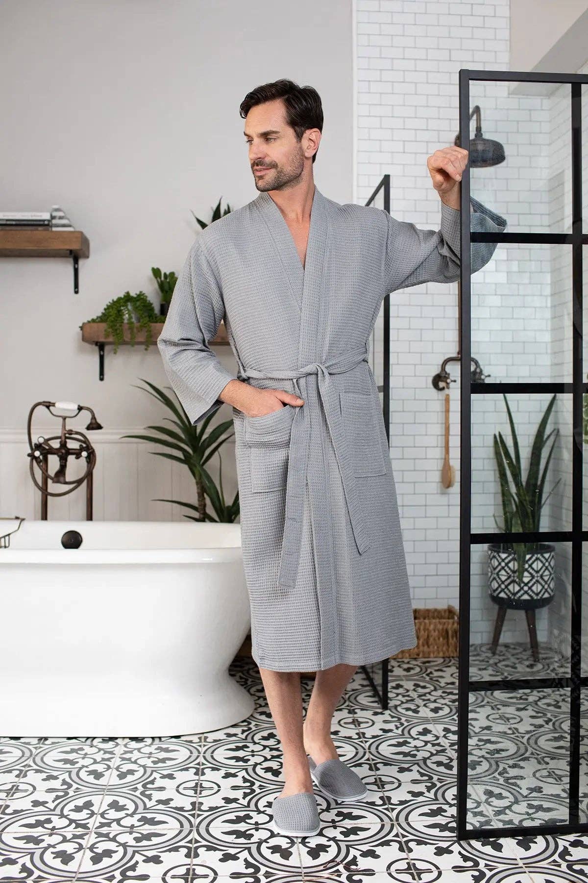 Waffle Kimono Spa Bathrobe for Men -  Absorbent, Lightweight