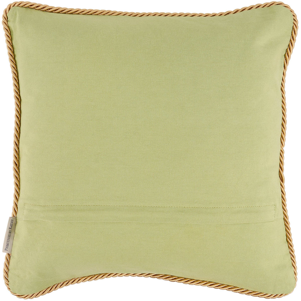 Green pillow with gold trim on a white background