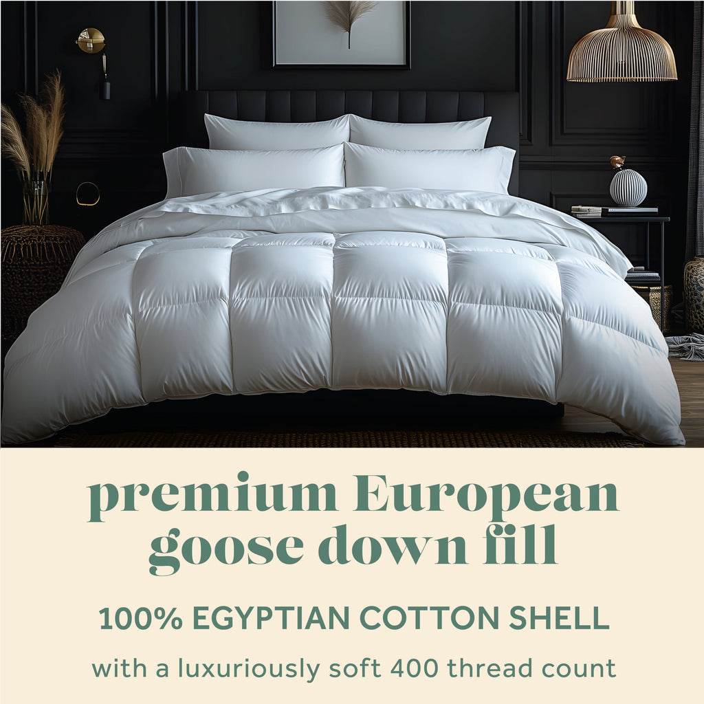 European Goose Down White Comforter - Egyptian Cotton Cover, With Corner Tabs- Made in the USA