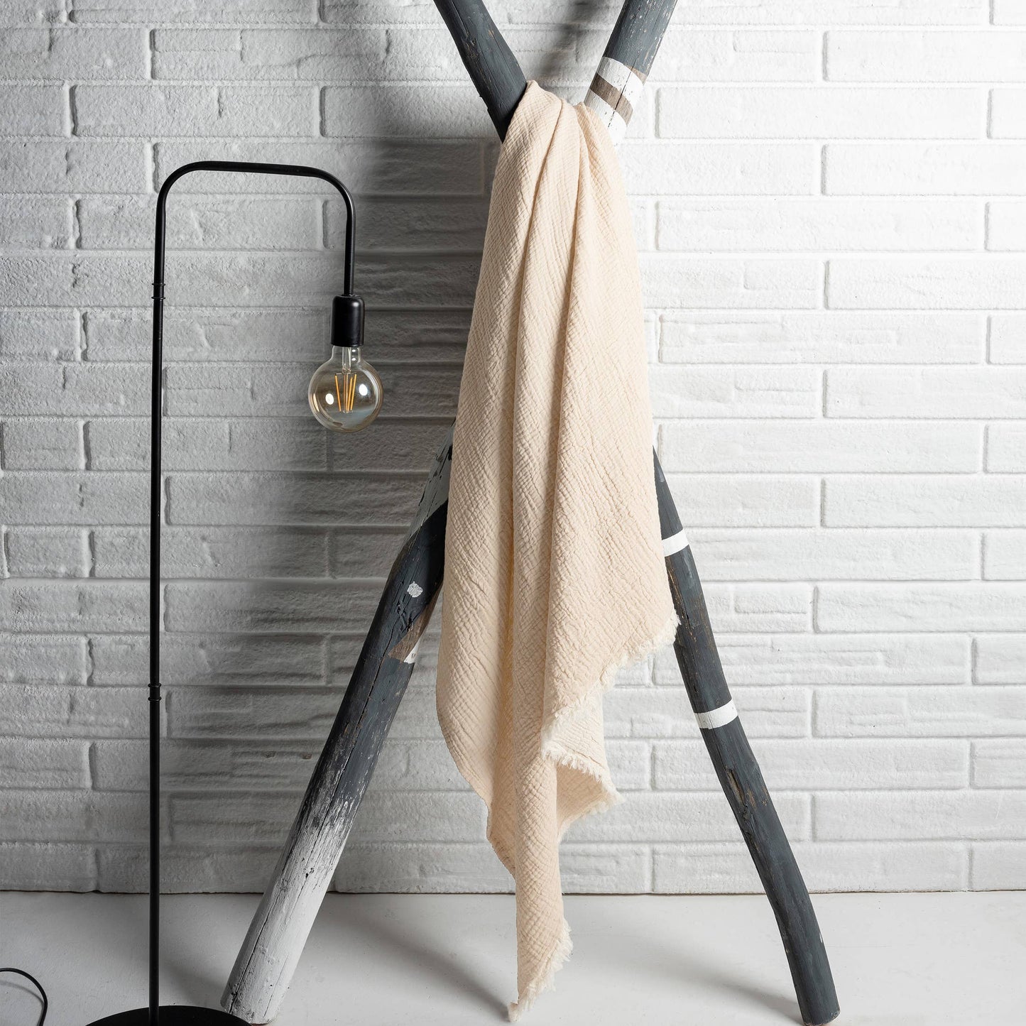 Sandy Turkish Crinkled Cotton Throw Blanket with Fringe