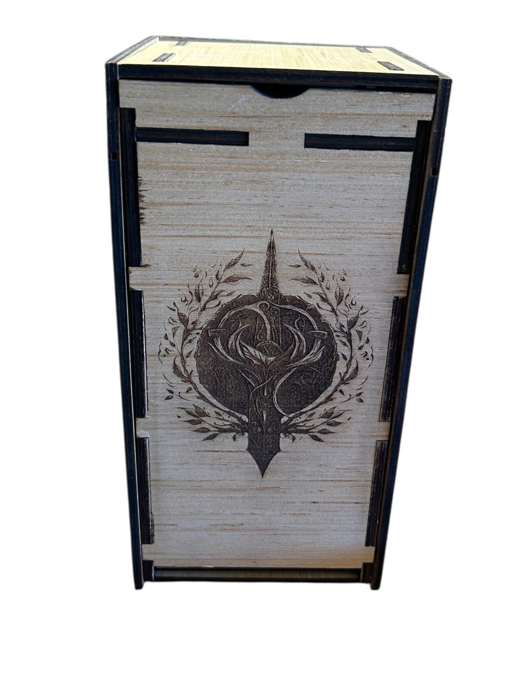 Wooden dice tower box with a decorative emblem on a white background