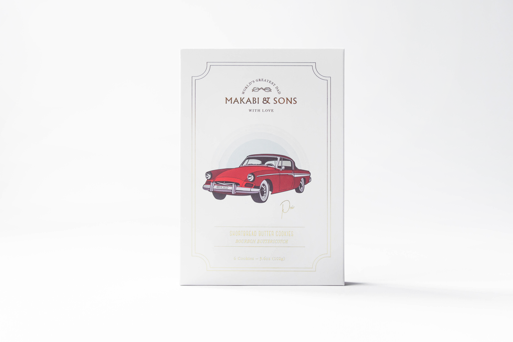 Cookie packaging with a red car illustration and 'Makabi & Sons' branding on a white background