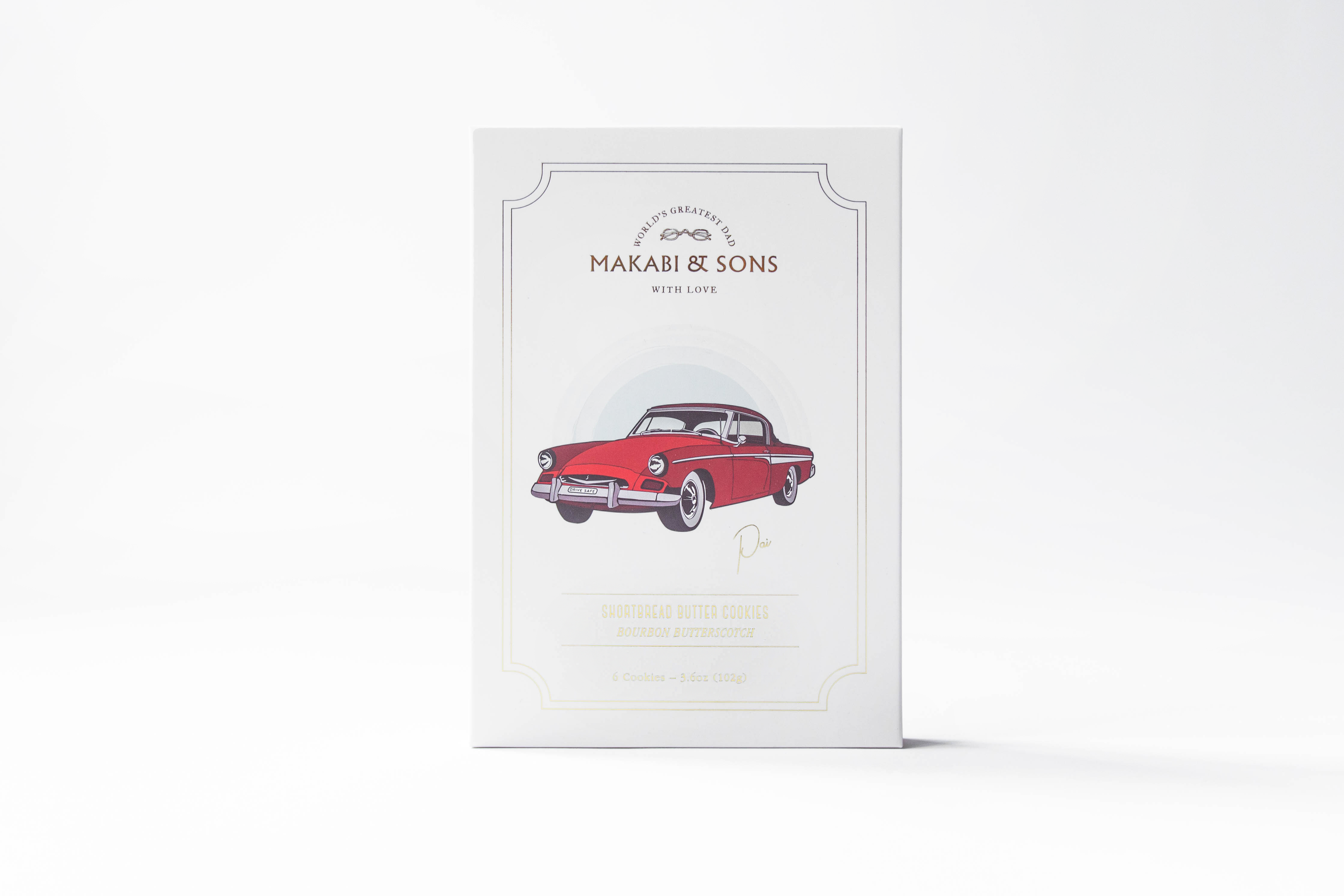 Cookie packaging with a red car illustration and 'Makabi & Sons' branding on a white background