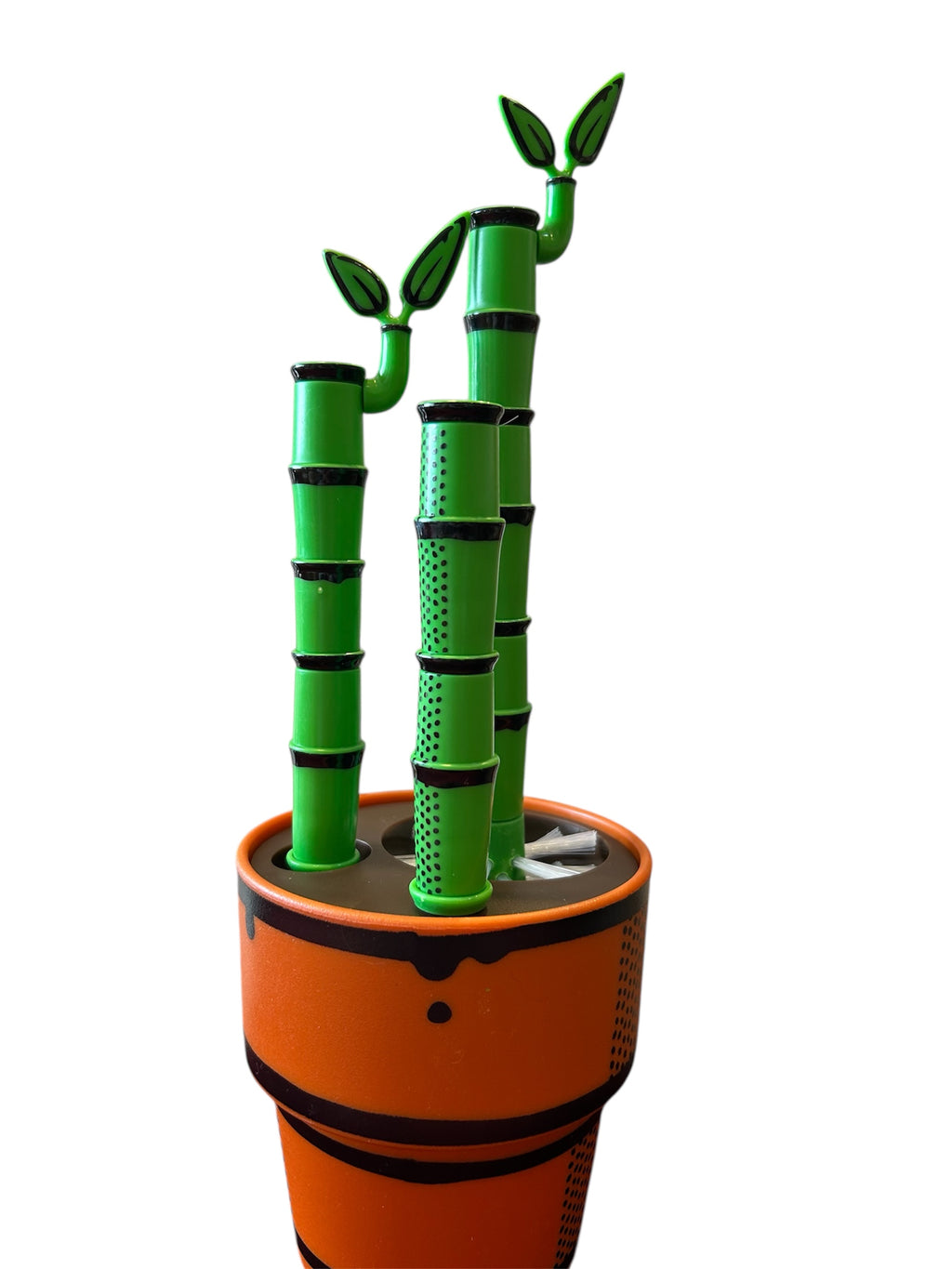 Decorative bamboo plant looking bottle brush set in an orange pot on a white background