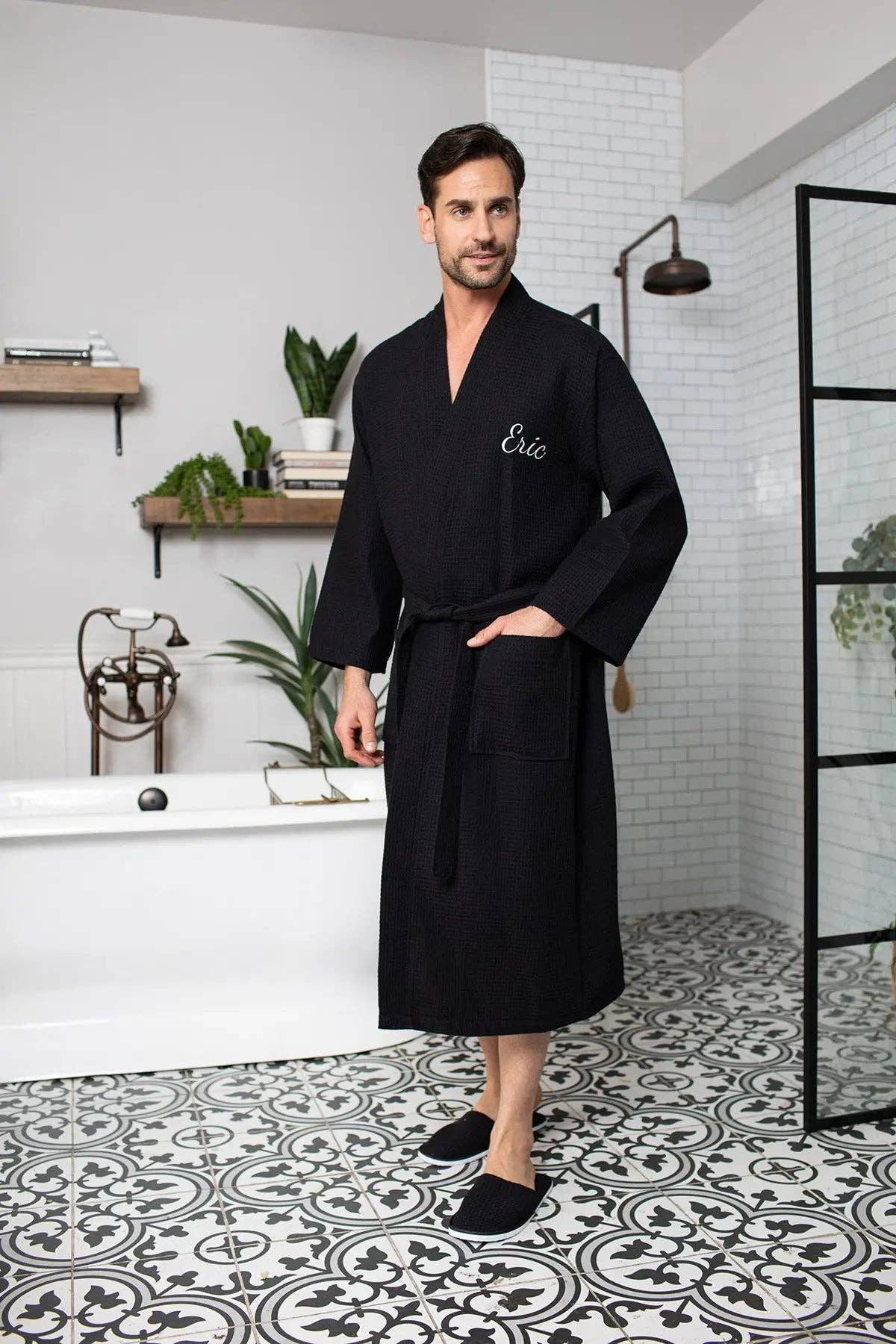 Waffle Kimono Spa Bathrobe for Men -  Absorbent, Lightweight