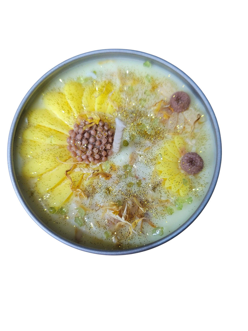 Sunflower Wax Candle with Crystals and Flowers, Soy Sunflower Candle Gift for Her Soy Candles