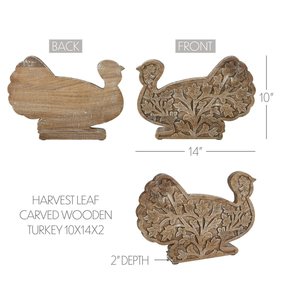 Autumn Harvest Carved Wooden Turkey Figurine, Fall Leaf Tabletop Decor, Thanksgiving Accent, 10x14x2