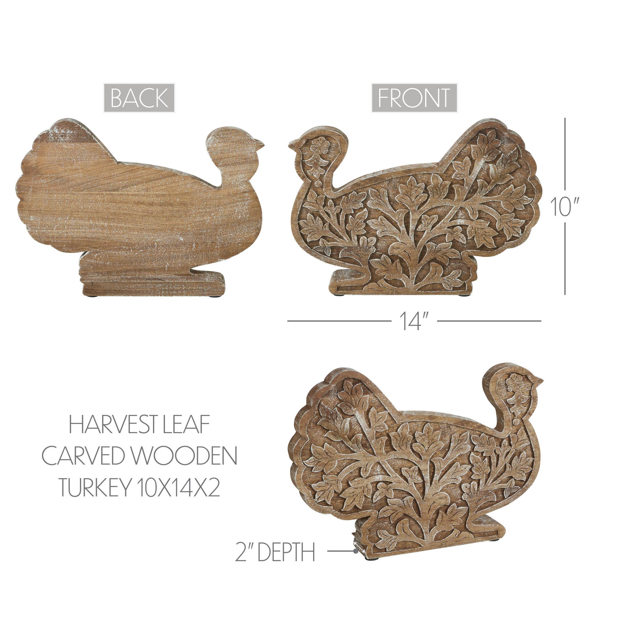 Autumn Harvest Carved Wooden Turkey Figurine, Fall Leaf Tabletop Decor, Thanksgiving Accent, 10x14x2