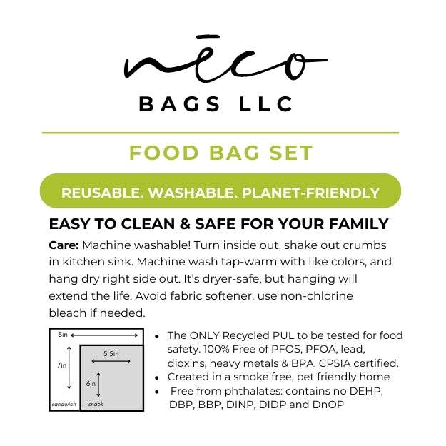 Food Bag Sets Picnic Snack and Sandwich Bags - Flora Verde