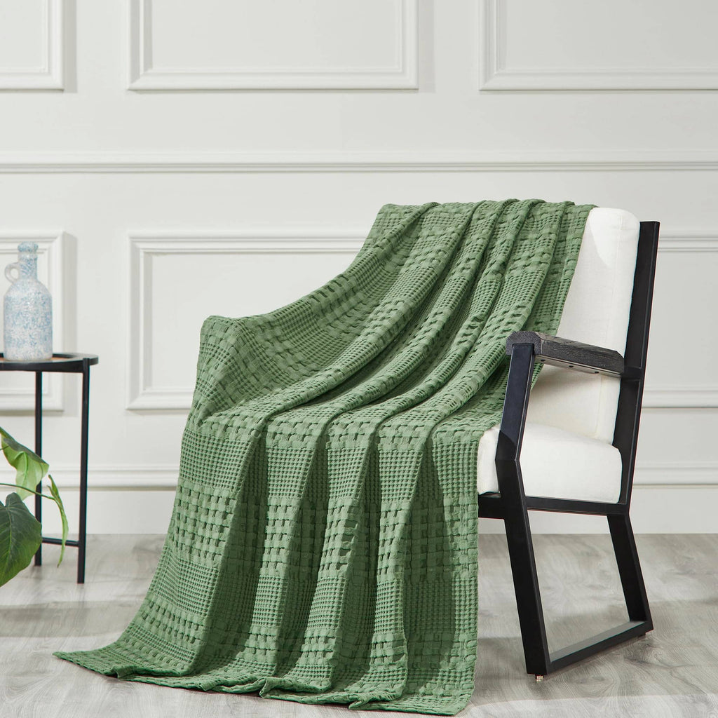 VHC Brands Waffle Weave Olive Green Throw Blanket 50x60 - Boho Farmhouse Cotton Decor for Bed, Couch & Sofa