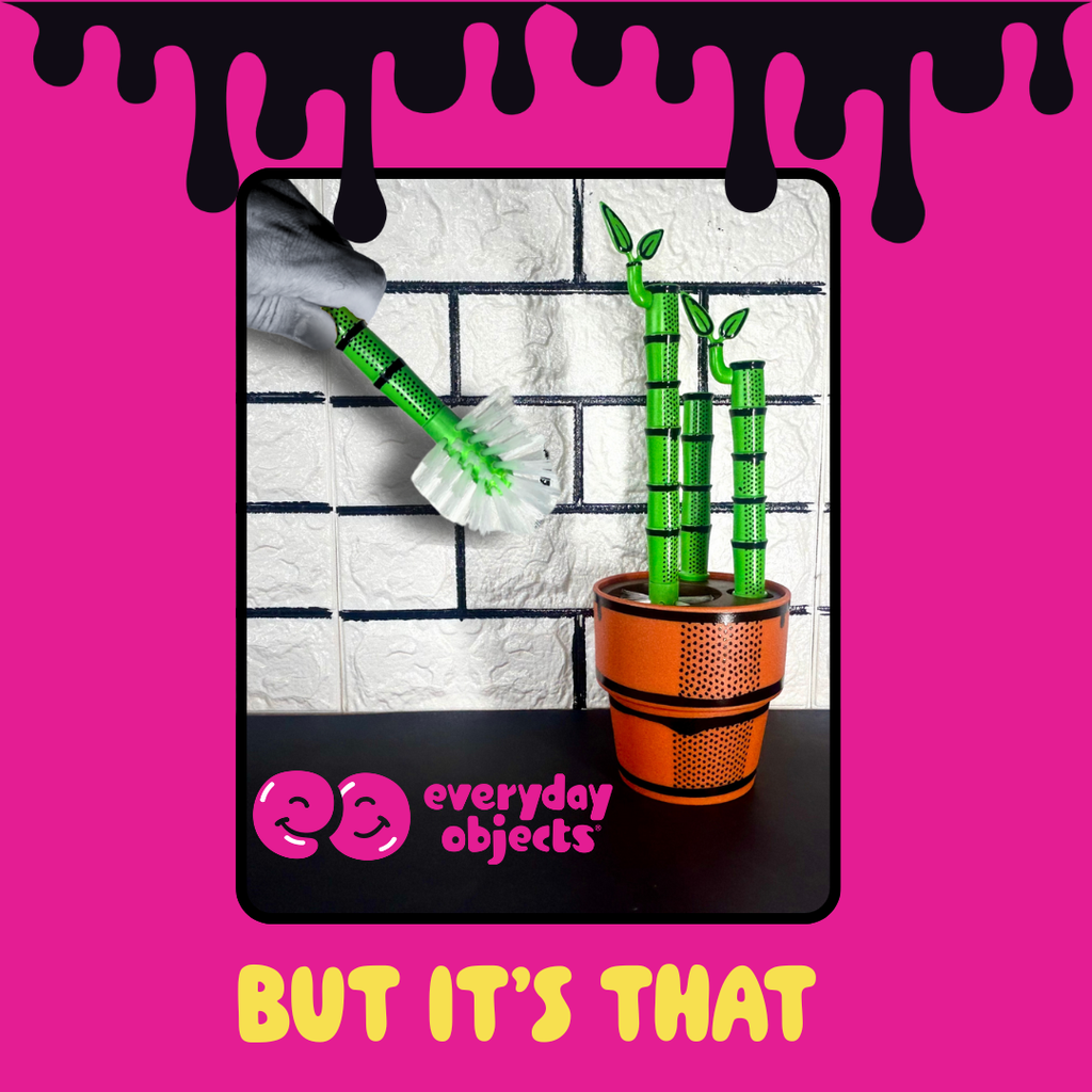 Potted plant with green bottle brushes, against a pink background with 'everyday objects' branding.
