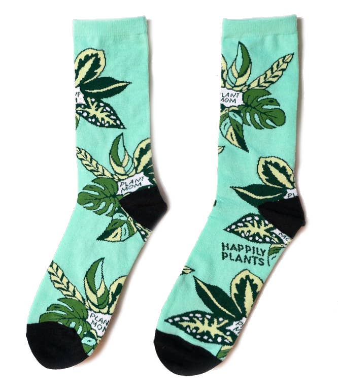 Teal Plant Mom Cotton Crew Socks, Plant Lover