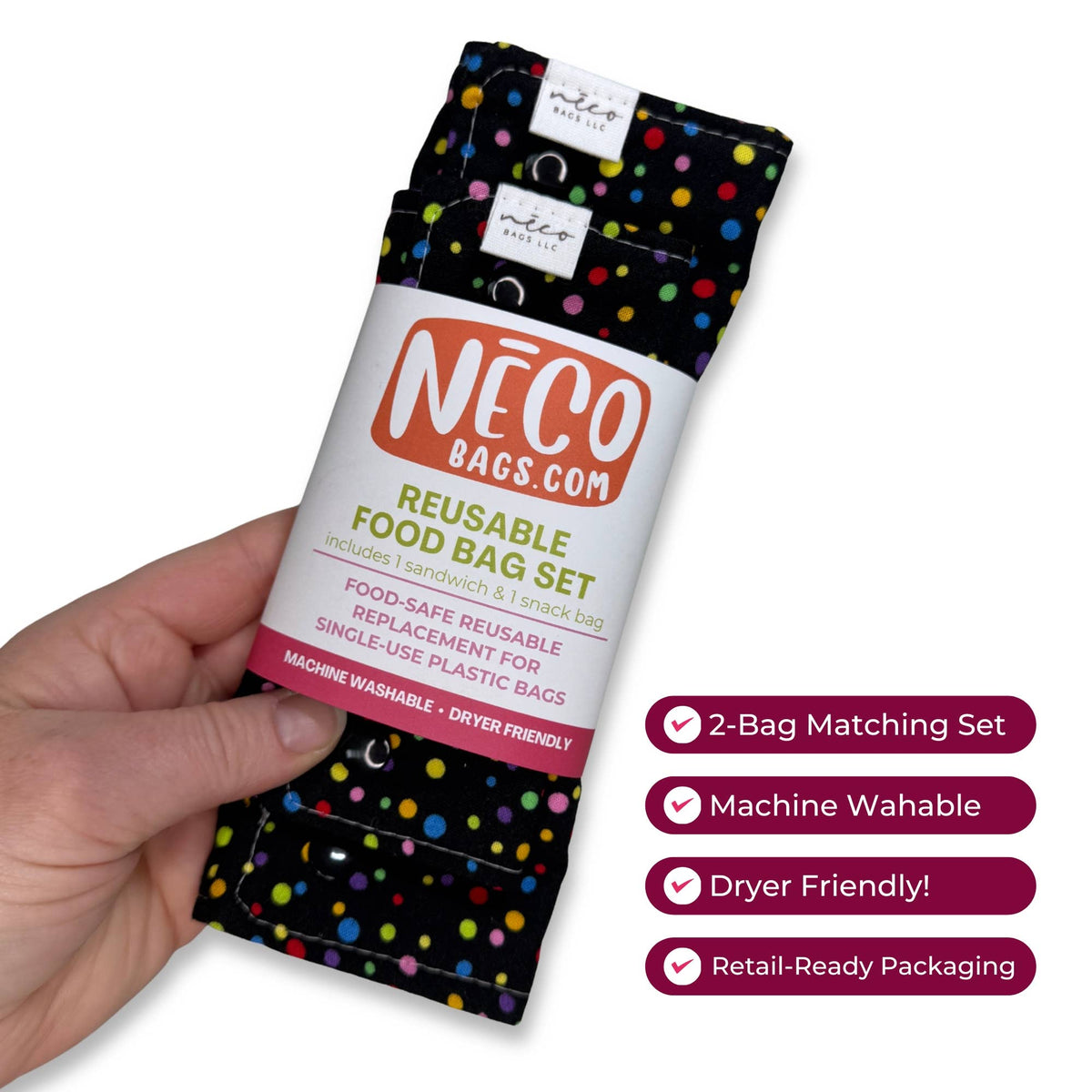 A hand holds a packaged NECO Bags.com reusable food bag set.