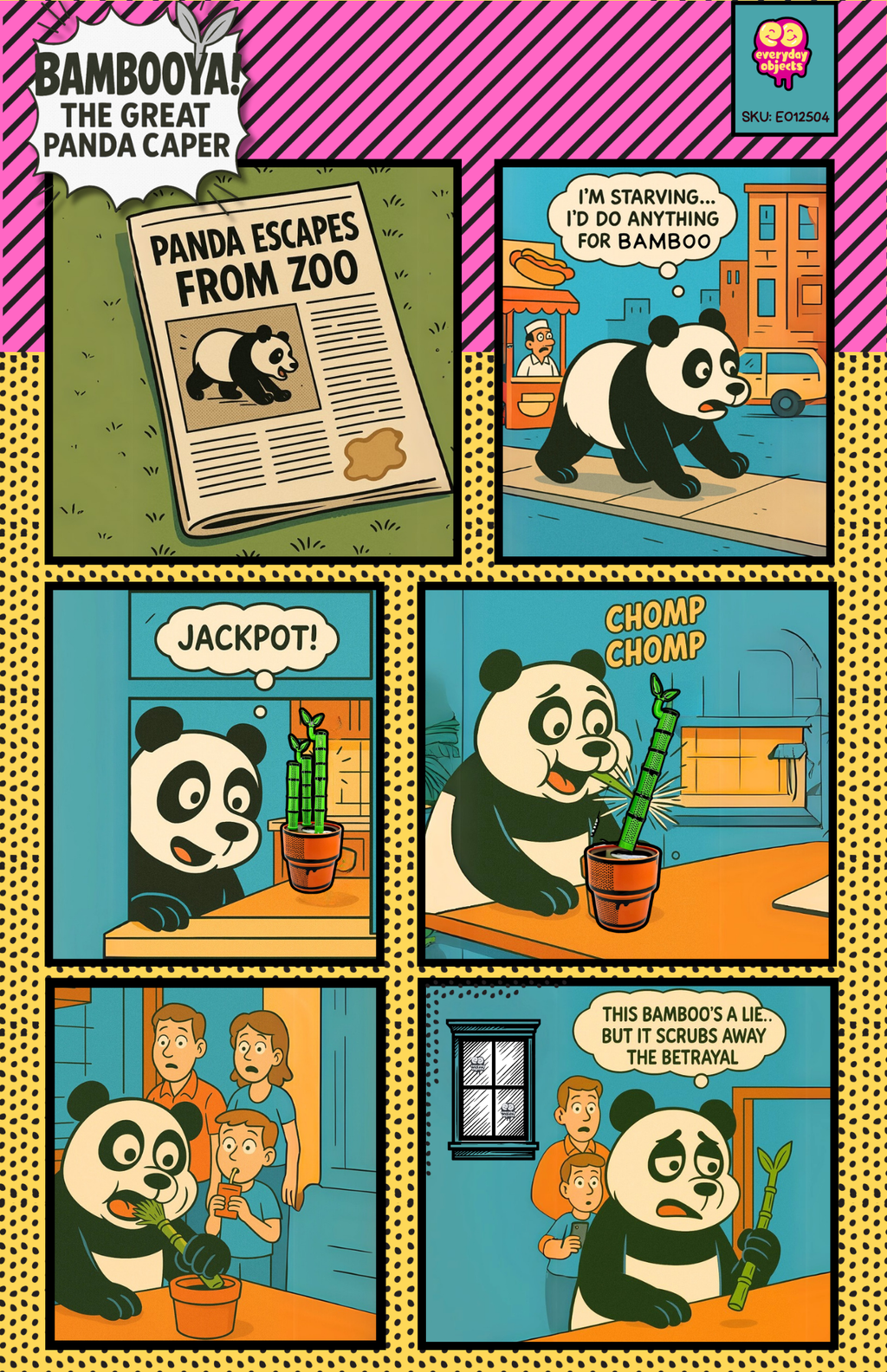 Comic-style illustration of a panda escaping from a zoo with colorful panels and text bubbles.
